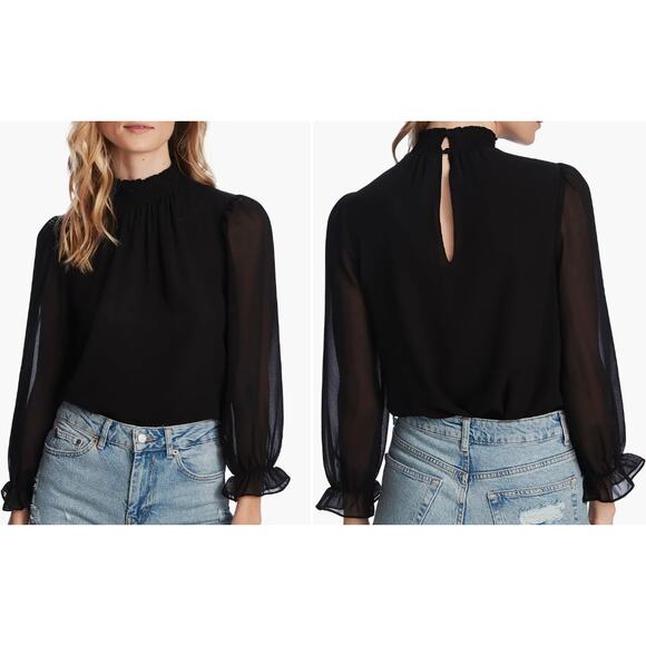 1.STATE Smocked Blouse Size XS Black High Neck Chiffon Semi Sheer Chic Evening - Picture 1 of 15